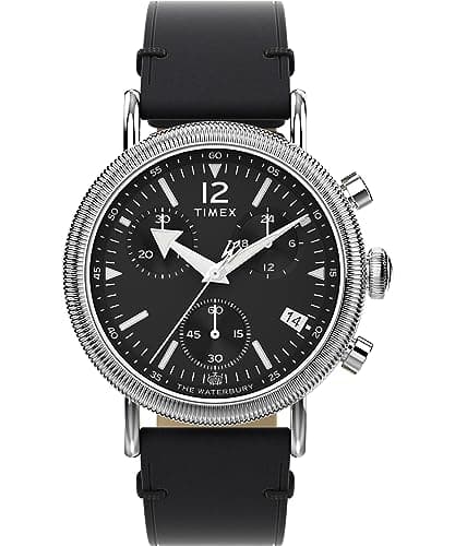 Image of Timex Men's Waterbury Chronograph 40 mm Watch - Black Leather Two-Piece Quick Release Strap Black Dial Silver-Tone Case TW2W20600