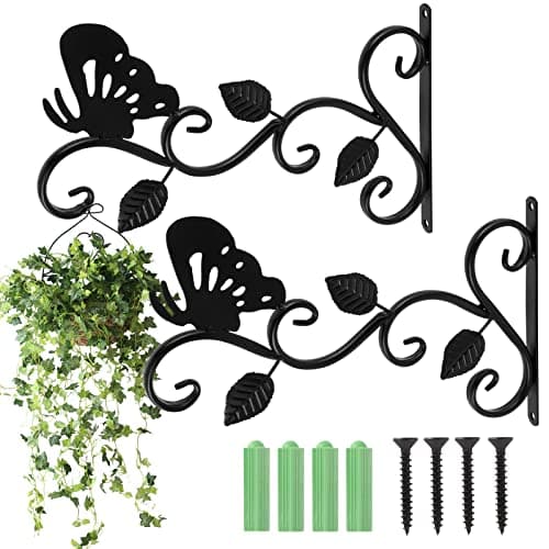 Image of 2 Pcs Hanging Basket Hooks, Black Solid Steel Hanging Basket Bracket with Screws Outdoor Plant Hanging Bracket Heavy Duty Wall Mounted Hook for Hanging Plants Lantern Bird Feeder (Butterfly)