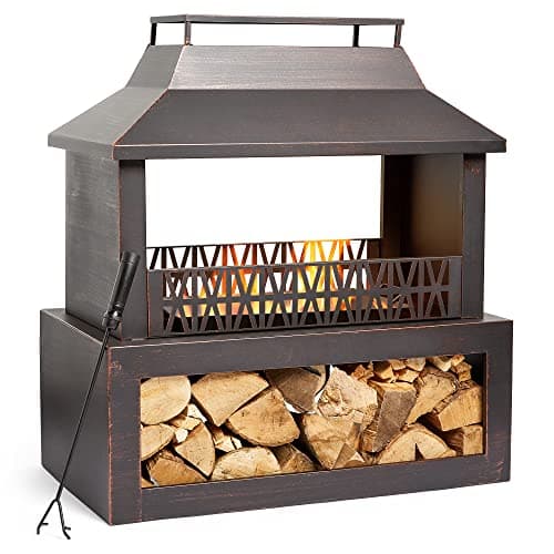 Image of VonHaus Outdoor Fireplace, Fire Pit with Log/Wood Store for Garden, Patio, Fuel with Wood, Logs, Charcoal, Brushed Metallic Finish, Geometric Design, Steel, Weather Resistant, Includes Fire Poker