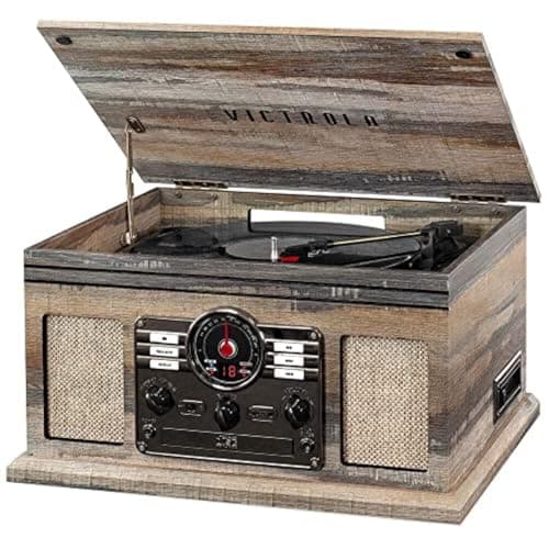 Image of Victrola The Quincy 6-in-1 Bluetooth Record Player & Multimedia Center with Built-in Speakers – 3-Speed Turntable, CD & Cassette Player, AM/FM Radio, Wireless Music Streaming (Farmhouse Shiplap Grey)