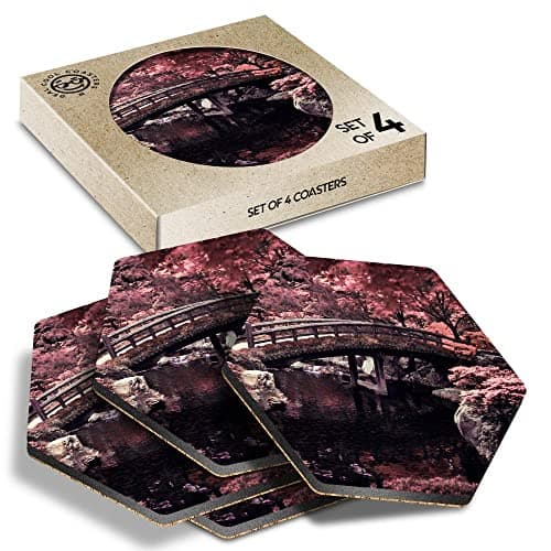 Image of DV DESIGN 4 x Eco Boxed Cork Hexagon Coasters Set - Japanese Sakura Tree Scene Japan Drink Cup Mug Glass Table Protection Mat #45436