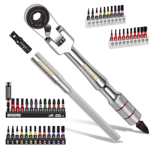 Image of GEINXURN 50Pcs 180° Pivoting Flex Head Ratchet Wrench Set, 72-Tooth Ratchet with T-Handle Extension Bar, 1/4" Socket Adapter, 25 mm Impact Screwdriver Bit (Phillips/Pozi/Torx/Hex) and Bit Holder