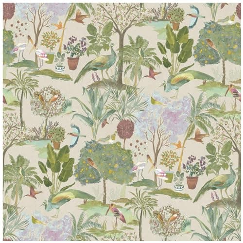 Image of Cream Tropical Botanical Bird Wallpaper – Watercolour Nature Exotic Birds, Peacocks, Palms & Lush Foliage – Artistic Feature Wall Décor for Living Rooms, Bedrooms