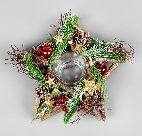 Image of 22cm Star Tealight Votive Candle Holder - Wooden Twigs Base Decorated with Red Baubles,Berries,Bronze Stars,Foliage,Pine Cones - Christmas Home Table Decoration