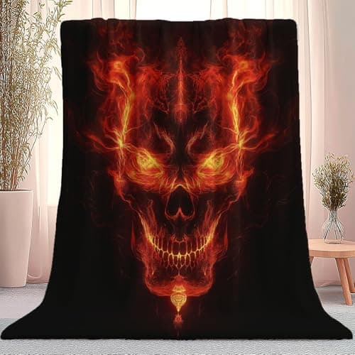 Image of Art Abstraction Skull Flame Flannel Plush Throw Blanket, Cozy Black Decor Stuff Blanket - Gifts for Lover Girls Boys Kids Adults Women Bed Travel 220 x 240 cm