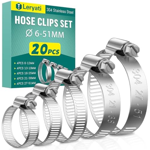 Image of 20 Pcs Hose Clips, Leryati Adjustable 6-51mm Set Range Small Hose Pipe Clips Clamps, 304 Stainless Steel Screws Clip Worm Drive Clamp Clip for Workholding Devices Tube Pipe Clamps- 5 Sizes