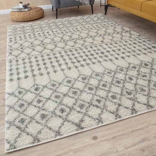 Image of THE RUGS Modern Moroccan Design Living Room and Bedroom Rugs, Non-Shedding & Easy Care (Moroccan Ivory/Grey, 120x170 cm)