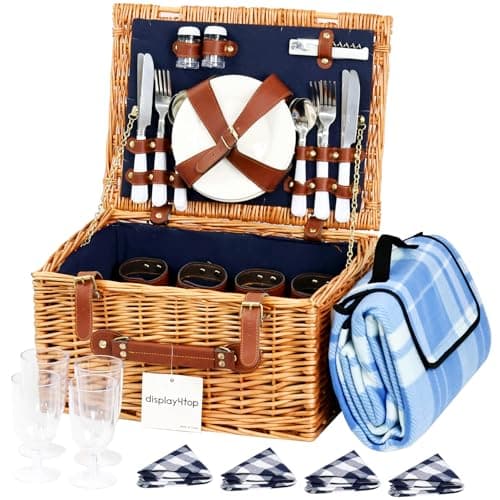 Image of display4top Deluxe 4 Person Traditional Wicker picnic basket Wicker Hamper - Premium Set with Plates, Wine Glasses, Flatware and Napkins (Blue)