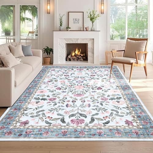 Image of CAROMIO 200x290 cm Large Floral Living Room Rug, Non-Slip Washable Farmhouse Carpet for Bedroom, Low Pile Foldable Soft Area Rug for Dining Nursery Office, Blue