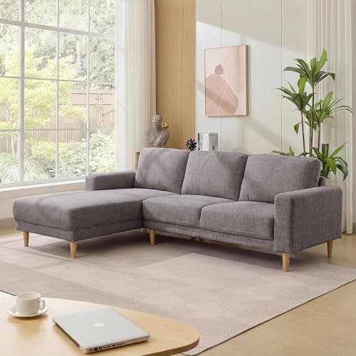 Image of Kingfun L Shaped Corner Sofa, 229cm L Shape Chenille Couch with Solid Wood Legs, Soft Upholstered 3-Seater Corner Modern Sofa with Spring Cushion, Apartment Furniture for Livingroom & Bedroom, Grey
