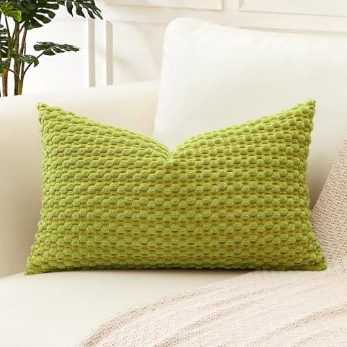 Image of Artscope Pom Poms Decorative Corduroy Cushion Cover 30x50cm Super Soft Boho Striped Lumbar Pillow Covers Case Geometric for Sofa Couch Bedroom Car Decor Set of 1, Apple Green