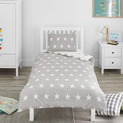 Image of Bloomsbury Mill - Cot Bed Duvet Cover Set - Toddler Bedding Set For Boys and Girls - Grey and White Stars Kids Bedding - Cot Duvet Cover & Pillow Case Set - 120x150cm