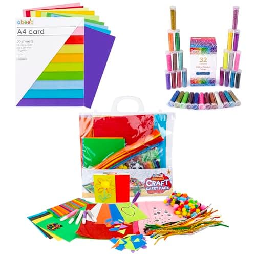 Image of abeec Kids Craft Bundle – Includes A5 Coloured Card Pack, 32 Glitter Shaker Tubes, and Craft Carry Pack with Glue, Pom Poms, and More – Ideal Arts and Crafts Kit for Creative Kids