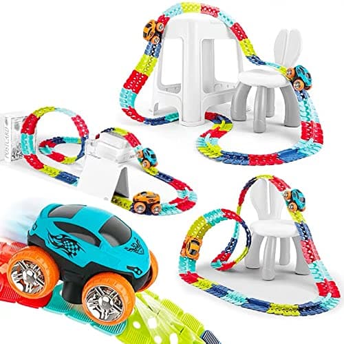 Image of Glow in The Dark Race Tracks Toy Light Up Magic Race Car Track Construction Hot Wheels Track 92PCS Zero Gravity Flexible Toys Cars Set with Car Gifts for 3 4 5 6 Year+ Kids Toddler Boy Girl
