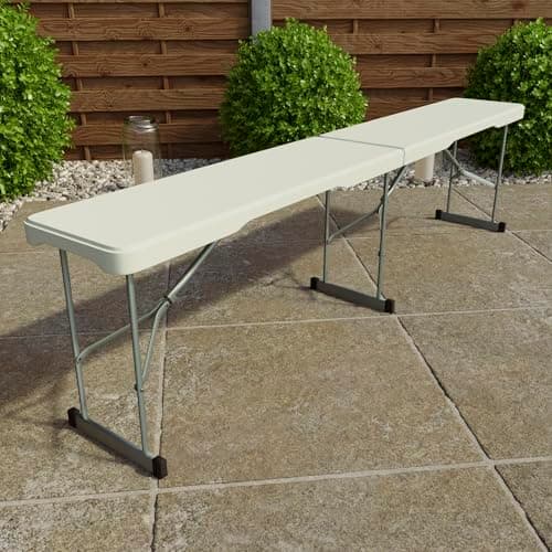 Image of Home Vida Folding Trestle Bench 6ft, Fold in Half Seat Indoor & Outdoor for Garden Picnic Party Camping Dining Seat w/Handle White (1)
