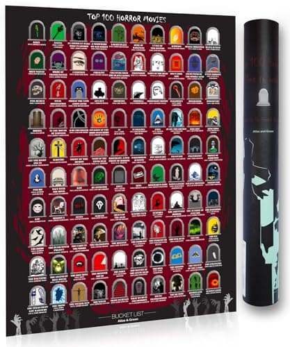 Image of Atlas & Green Top 100 Horror Movies Poster. Top 100 Scratch Off Horror Movie Poster Up to Date with 2024 Blockbusters. Gift Tube Movie Posters Stickers