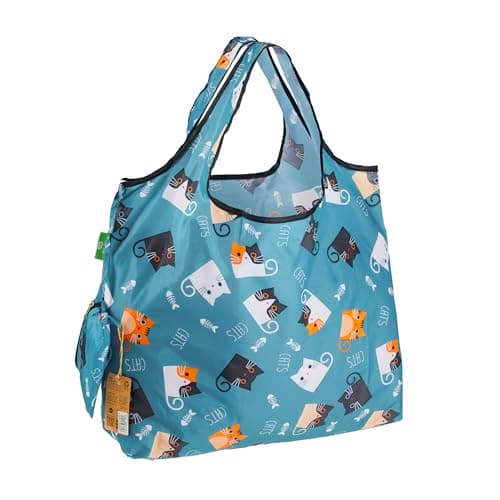 Image of ECO CHIC Foldable Reusable Large Recycled Grocery Bags Lightweight Shopping Tote Bags with Storage Pouch (Cartoon Cat)