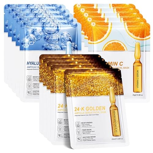 Image of Face Mask Set 15 Pack,3 Types Face Masks,Vitamin C,24K Gold and Hyaluronic Acid,Anti-Wrinkle Real Deep Hydration,Anti-Ageing Sheet Mask Skincare Gift Set for Women