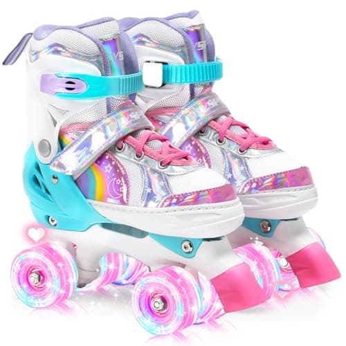 Image of OLYSPM Kids Roller Skates for Girls Boys Pro 4-Size Adjustable, Roller boots With 8 Light Up Wheels, Beginner safe Children's Quad Skates - Ideal Christmas Birthday Gift(Pink,S)