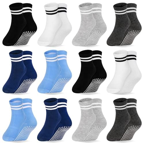 Image of GRPSKCOS Baby Toddler Non Slip Socks 12 Pairs Toddler Grip Socks Newborn Sock with Grip Anti Slip Crew Sock for Boys Girls（#1 Six Colours 6-12 Months）