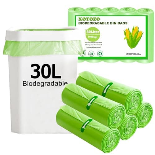 Image of 30L Biodegradable Bin Liners 100 Bags, 8Gallon/30 Litre Food Waste Bags Thickened Compostable Trash Caddy Liners, Recycled Degradable Garbage Rubbish Bag for Kitchen Bathroom Garden, Green 60 x 65cm