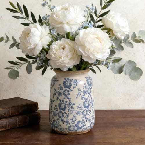 Image of Basitys Blue and White Chinoiserie Ceramic Vase, 17.5 cm Hand-Painted Peony Floral Design, Antique Style Home Decor