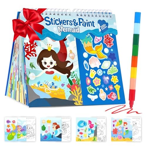 Image of YPLUS Mermaid Sticker Book - Sticker Books for Toddlers with Dress-Up Stickers & Colouring Scenes, 8-Colour Crayons Included - Toddler Sticker Book & Travel Toys for 3-8 Year Olds