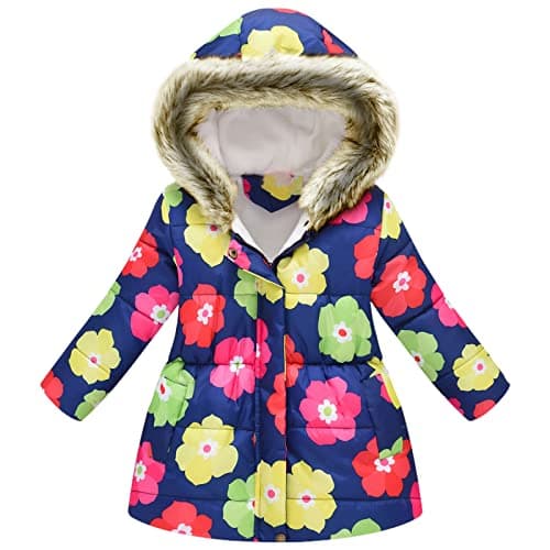 Image of amropi Girls Winter Coat Floral Hooded Jacket with Faux Fur Warm Parka Padded Overcoat 8-9 Years, Colorful Flower