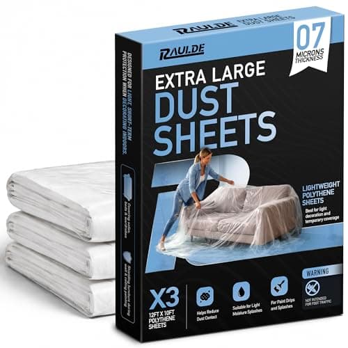Image of 12x10FT 3 Pack Extra Large Plastic Dust Sheets for Decorating - 3.6M x 3M - Plastic Dust Sheets for Painting - Clear Plastic Sheet for Furniture & Floor - Polythene Sheeting - Dust Cover - RAULDE