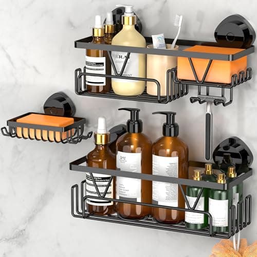 Image of KEGII Suction Shower Caddy - Stainless Steel Shower Storage Suction Cup Black Bathroom Shelves No Drilling