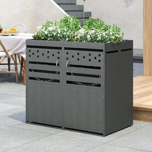 Image of Double Wheelie Bin Storage with Doors and Roof, 120-240 liter Capacity Bin Store Shed for Wheelie Bins, Outdoor Weather-Resistant Powder-Coated Steel Bins Cover, Lockable, Garage & Tool Storage, Grey