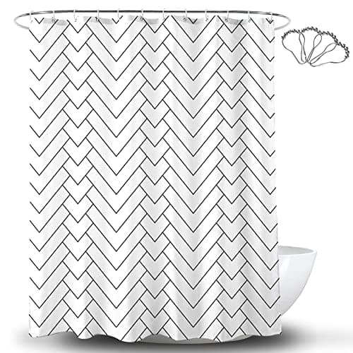 Image of DeKeLaiFu Black and White Shower Curtain Cloth Fabric Geometric Chevron Design with Steel Hooks, Simple Modern Striped White Shower Curtains Bathroom Mould Proof Resistant Waterproof, 180x180 cm