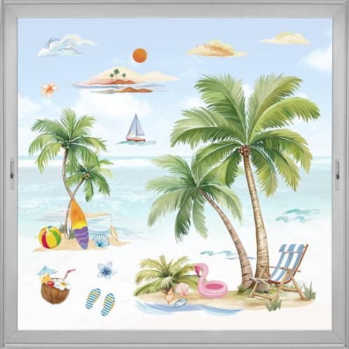 Image of wondever Summer Tropical Palm Tree Window Clings Pool Beach Drinks Flip Flops Glass Sticker Decal Anti Collision Double-Side Static Window Stickers for Home Glass Window