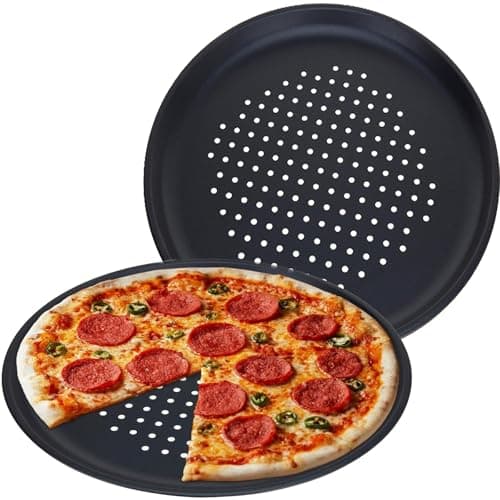 Image of GEEZY Large Non-Stick Pizza Baking Tray 32cm (12.5") - Set of 2, Round Carbon Steel, Perforated Holes, Dishwasher, Fridge, Freezer Safe - Pizza Pan & Plate for Oven, Flatbread, Family Meals