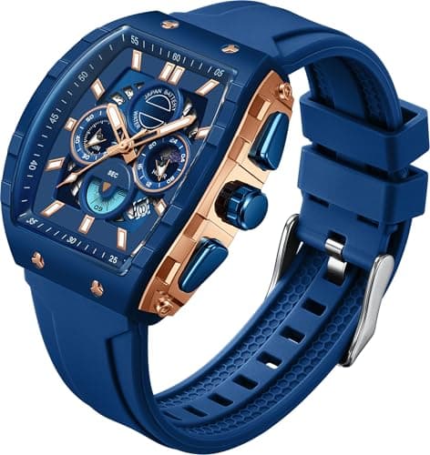 Image of findtime Men's Watch Analogue Watches Fashion Tonneau Rectangle Sport Wrist Watch Military Quartz Chronograph Waterproof Watches with Luminous Calendar Curved Screen