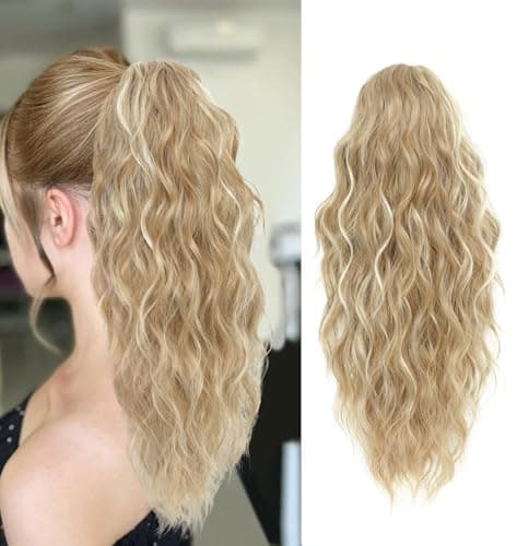Image of Fine Plus Highlights Ponytail Extension 18inch Claw Clip in Ponytail Hair Extensions for Women Curly Wave Claw Ponytail Extension Synthetic Clip in Hairpiece - Golden Blonde