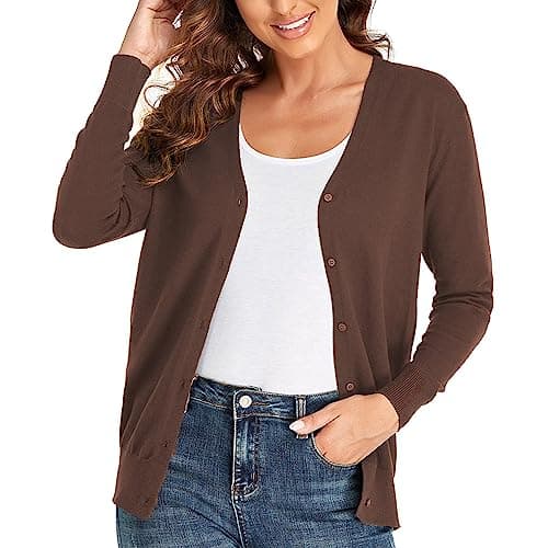 Image of CUNYI Cardigan for Women V-Neck Womens Long Sleeve Sweater with Buttons Ladies Knit Coat Elegant, Coffee M