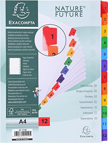 Image of Exacompta - Ref 1112E - Mylar Printed Indices - For Use WithA4 Documents, Pre-Punched, 160gsm White Card with Reinforced Plastic Tabs, FSC-Certified - 12-Part Dividers (1-12)