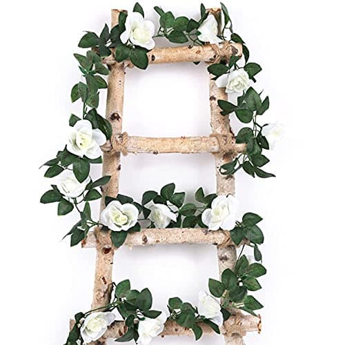 Image of 2 Pcs White Artificial Flower Hanging Rose Garlands Fake Rose Vine Flowers Plants DIY Wreath for Garden Craft Art Decor Home Wedding Party 8.2ft/2.5m