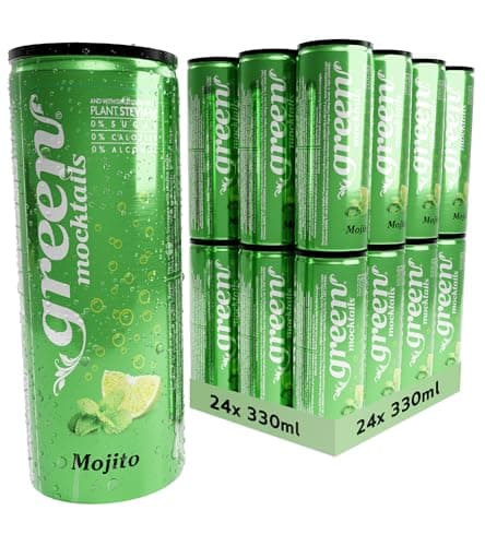Image of Green Mojito Mocktail - Alcohol Free Soft Drink - Low Calorie Sparkling Drink - No Sugar, Sweetened with Stevia, No Aspartame - Sparkling Mojito Flavour - Bulk Pack 24 Cans x 330ml
