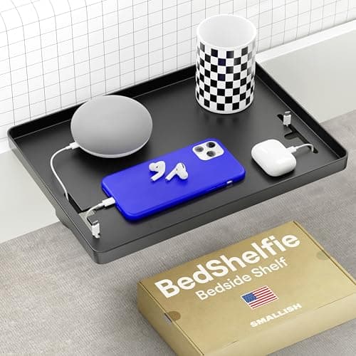Image of BedShelfie Bedside Shelf, Bunk Bed & Top Bunk, College Dorm Room Essentials, Clip On Nightstand, Bed Side Table Tray Organizer, Room Decor, College Dorm Essentials (Cable Catch Model, Black, Plastic)