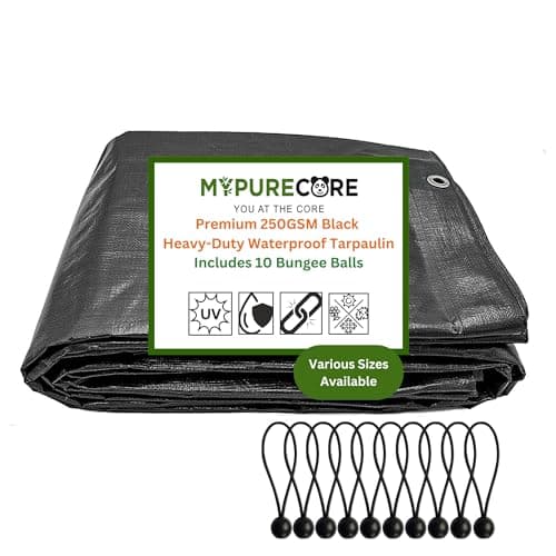 Image of MYPURECORE Heavy Duty Waterproof Tarpaulin with 10 Bungee Balls – 250GSM Black Tarp for Outdoor Use – Durable Weatherproof Sheet for Camping, Garden, Trailer Tarp & Tent Protection (4m x 6m)