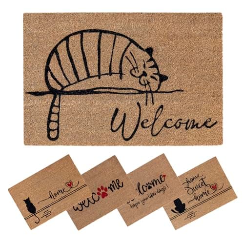 Image of SPOTTED DOG GIFT COMPANY Door Mat Indoor Outdoor Welcome Coir Doormat for Inside Outside Entrance Front Door Mats 60 x 40cm Non Slip, Tabby Cat Themed Home Decor Gift for Cat Lovers Owners