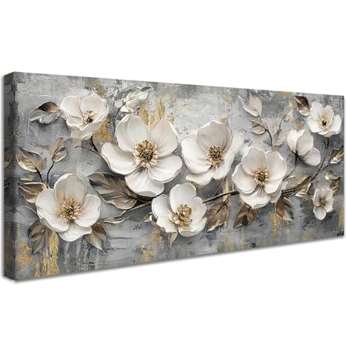 Image of HALFLEMART Wooden Framed Large Canvas Wall Art White Flowers Floral Abstract Luxury Grey Gold Painting on Canvas Prints Poster Pictures for Living Room Bedroom Hallway Restaurant Wall Decor 50x120cm