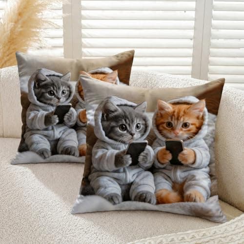 Image of Gemdoit Cushion Covers 45 x 45 cm Pack of 2 Cute Cat Throw Pillow Covers 18x18 Square Sofa Cushions for Living Room Home Decor