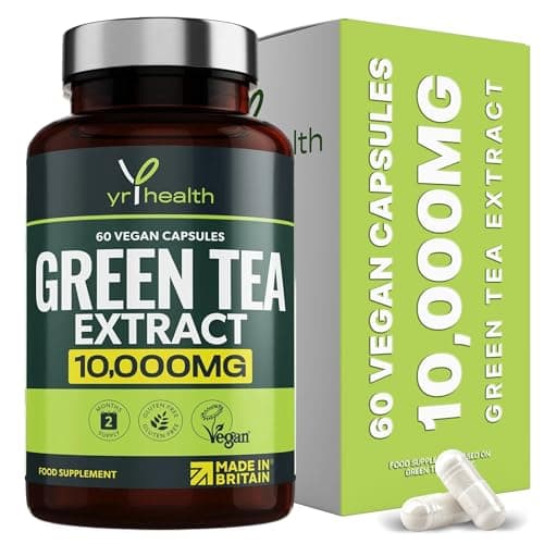 Image of Green Tea Capsules from Vegan Green Tea Extract 10,000mg, Green Tea Tablets High Strength for Weight Loss, Metabolism Booster Keto Diet, 60 Vegan Society Registered Capsules, UK Made by YrHealth