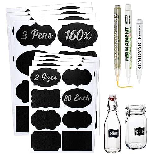 Image of Reusable Self-Adhesive Jar Labels – 163-Piece Chalkboard Sticker Set with 3 Pens (Gold, White, Chalk), Jam Jar Labels, Easy Peel Off, Wipeable Vinyl Labels for Jars, Bottles & More.