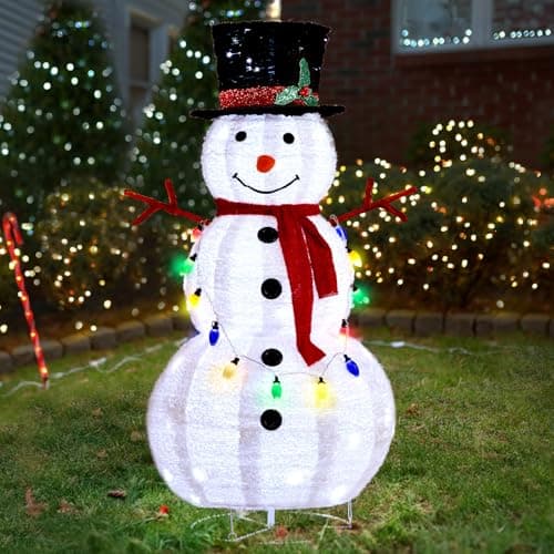 Image of Bonnlo 4ft 20 Colourful Bubble Snowman with 100 LED White Lights, Extendable Christmas Decoration with Fleece Texture, 30V 3.6W Safe Power - Perfect for Outdoor/Indoor Festive Decor in the UK