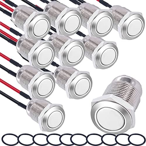 Image of RUNCCI-YUN 10 Pieces 12 mm Momentary Push Button Switch Waterproof Push Button Switch Round Momentary Switch with Pre wiring,DIY Stainless Steel Normally Open Metal Push Start Button (Flat Head)