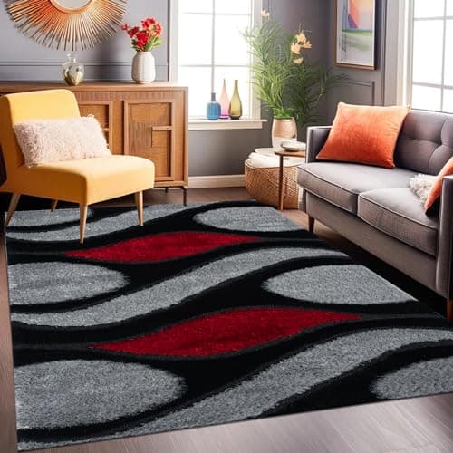 Image of Large Shaggy Rugs for Bedrooms 80 x 150 cm Kitchen Carpet Rug Non Shedding Soft Thick Kids Room Rugs for Living Room Home Decor Carpet Rug - Black & Red